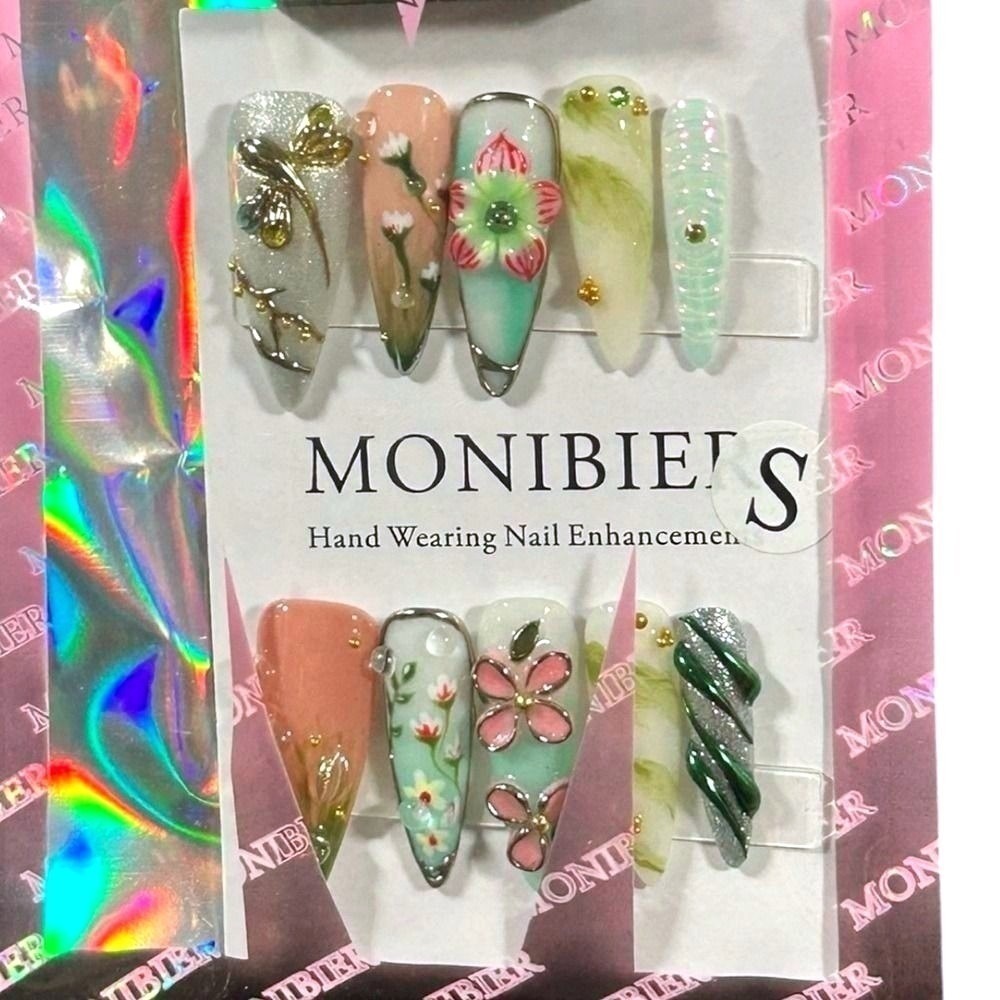 Sage‎ Green Floral Press On Nails 3D Minimalist Clean Girl Quiet Luxury Almond S